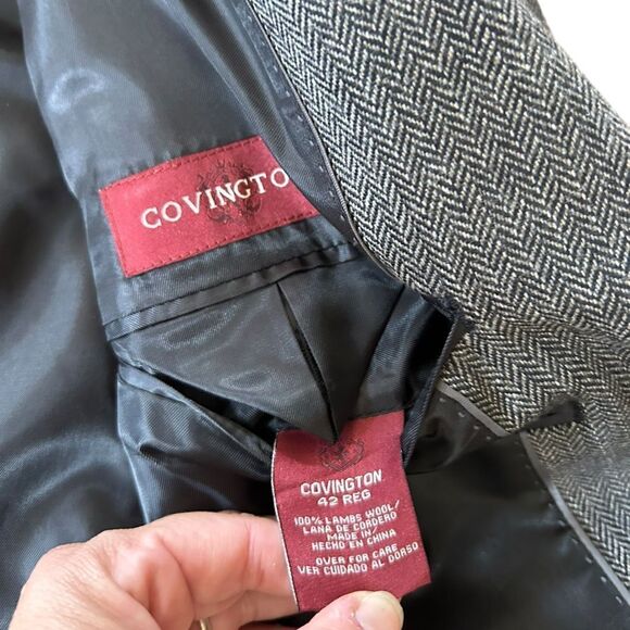 Covington Blazer Suit Jacket Mens Grey Herringbone Lambswool Wool 42 R - Picture 6 of 6
